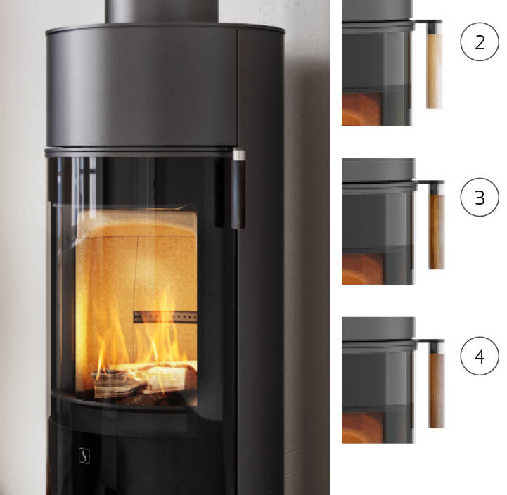 Nærbilde av sort peisovn med sort håndtak og innfelt mulighet for andre tresorter