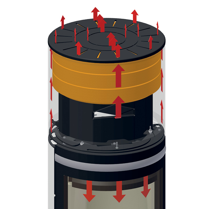 tegning av funksjonen på varmelagrende stein i toppkammer på sort peis
