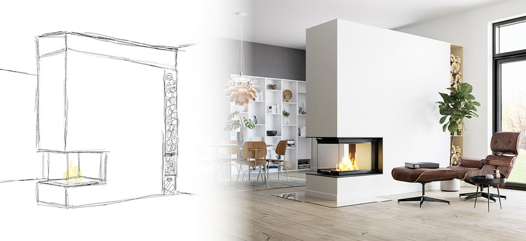 Todelt bilde av veien fra skisse til ferdig peis i lys stue