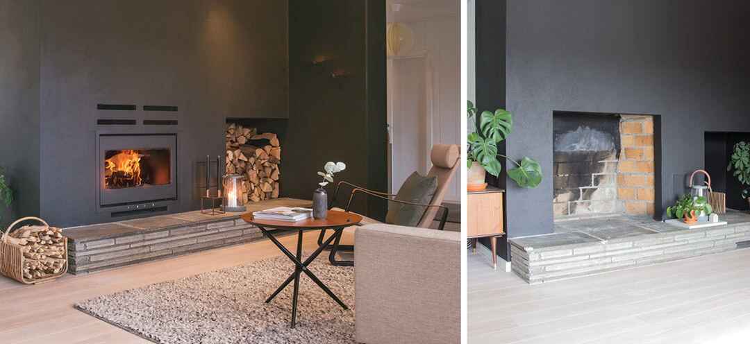 Før / etter bilde av peisinnsats montert inn i grue / åpent ildsted