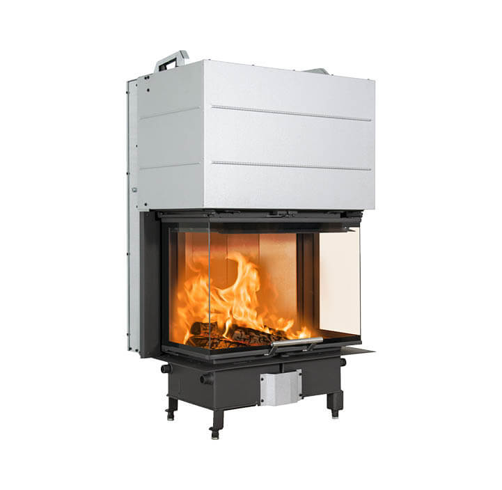 Rektangulær peisinnsats i sort stål Scan 5004 med hevedør og glass på tre sider og håndtak i børstet stål