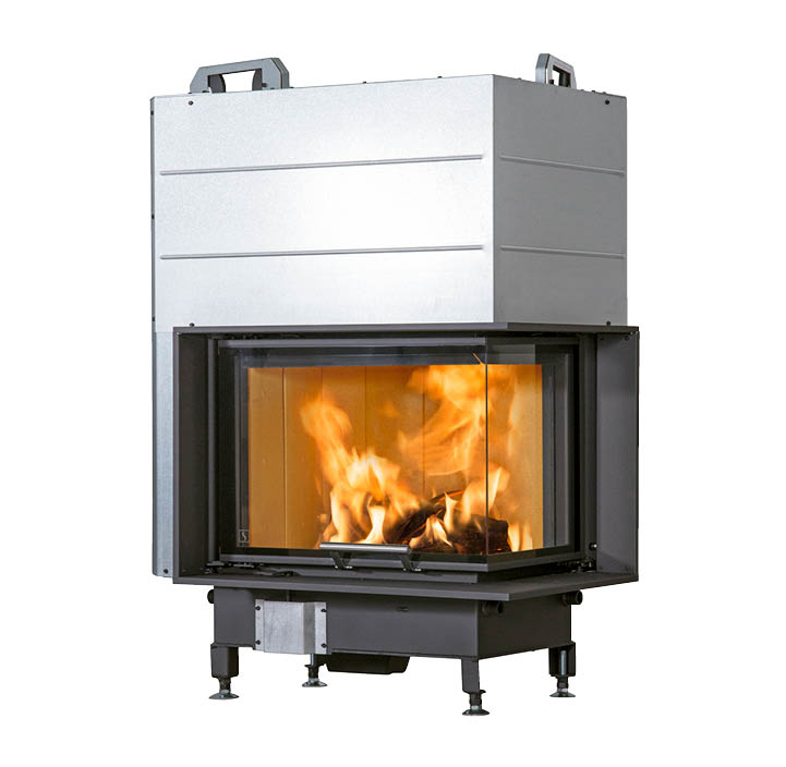 Rektangulær peisinnsats i sort stål Scan 5004 med hevedør og glass på to sider og håndtak i børstet stål