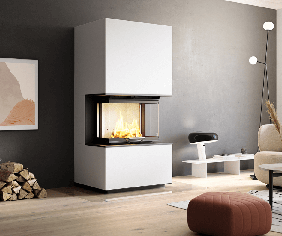 Scan 5004 S komplett peis med glass på flere sider, stilren omramming og moderne design for maks innsyn til flammene