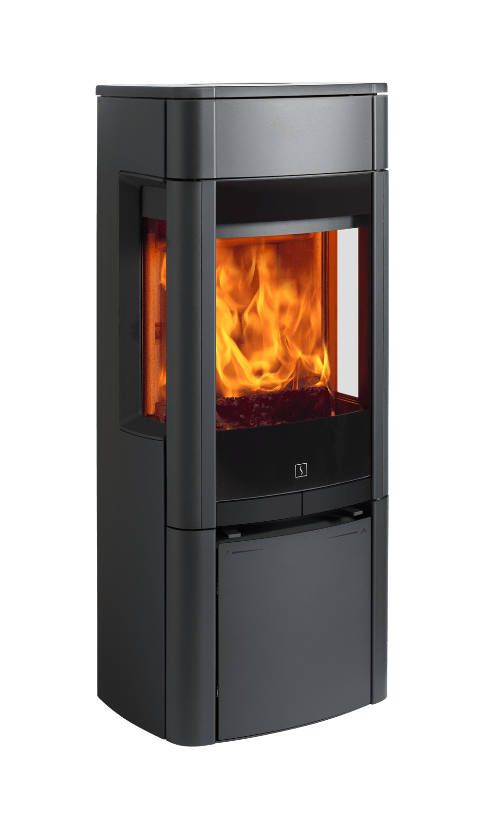 Peisovn Scan 65-2 mellomstor vedovn i stramt design med stor glassdør og sideglass svart