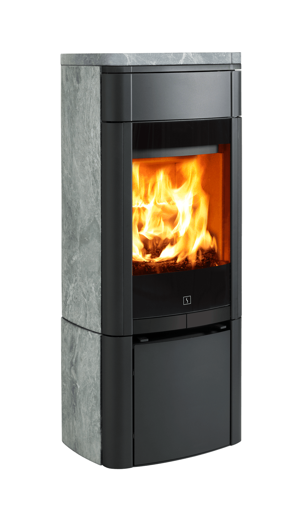 Mellomstor peisovn Scan 65-3 svart med kleberstein på sidene og stor glassdør