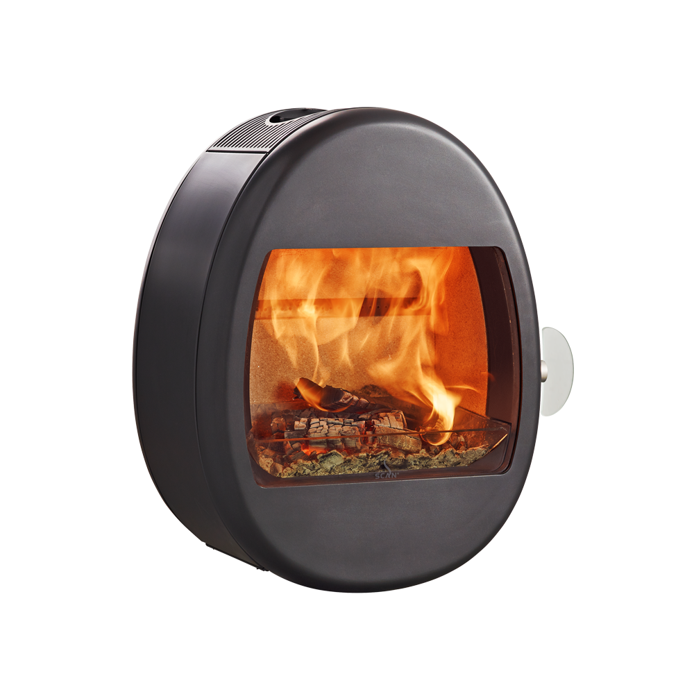 Vegghengt vedovn Scan 66-1 sort med frostet glasshåndtak