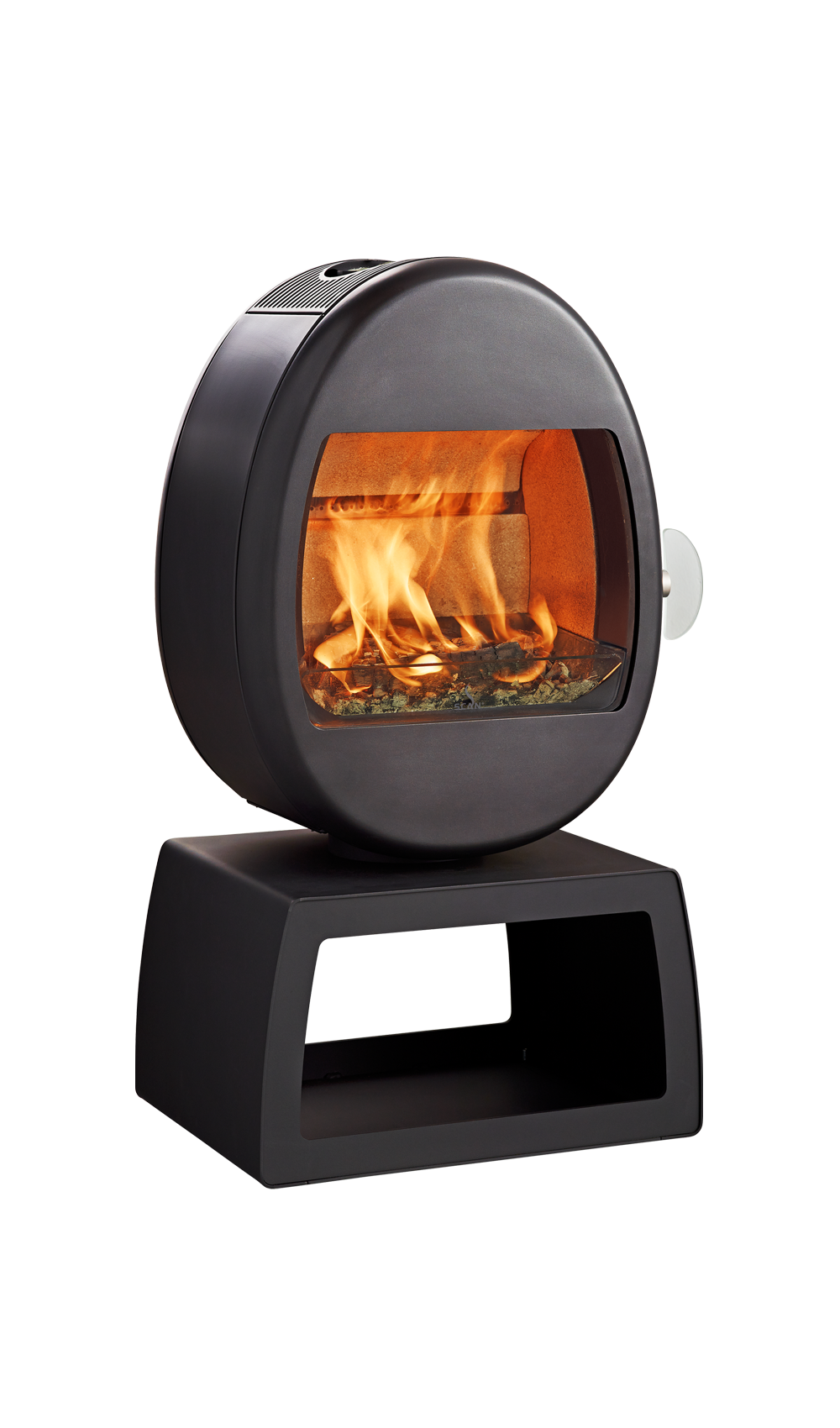 Liten vedovn eggeformet Scan 66-4 på søyle med rom for vedoppbevaring svart farge plinth