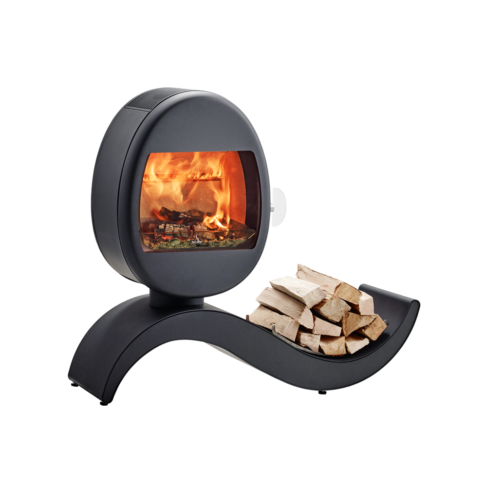 Liten vedovn Scan 66-5 eggeformet på buet base med vedoppbevaring svart farge