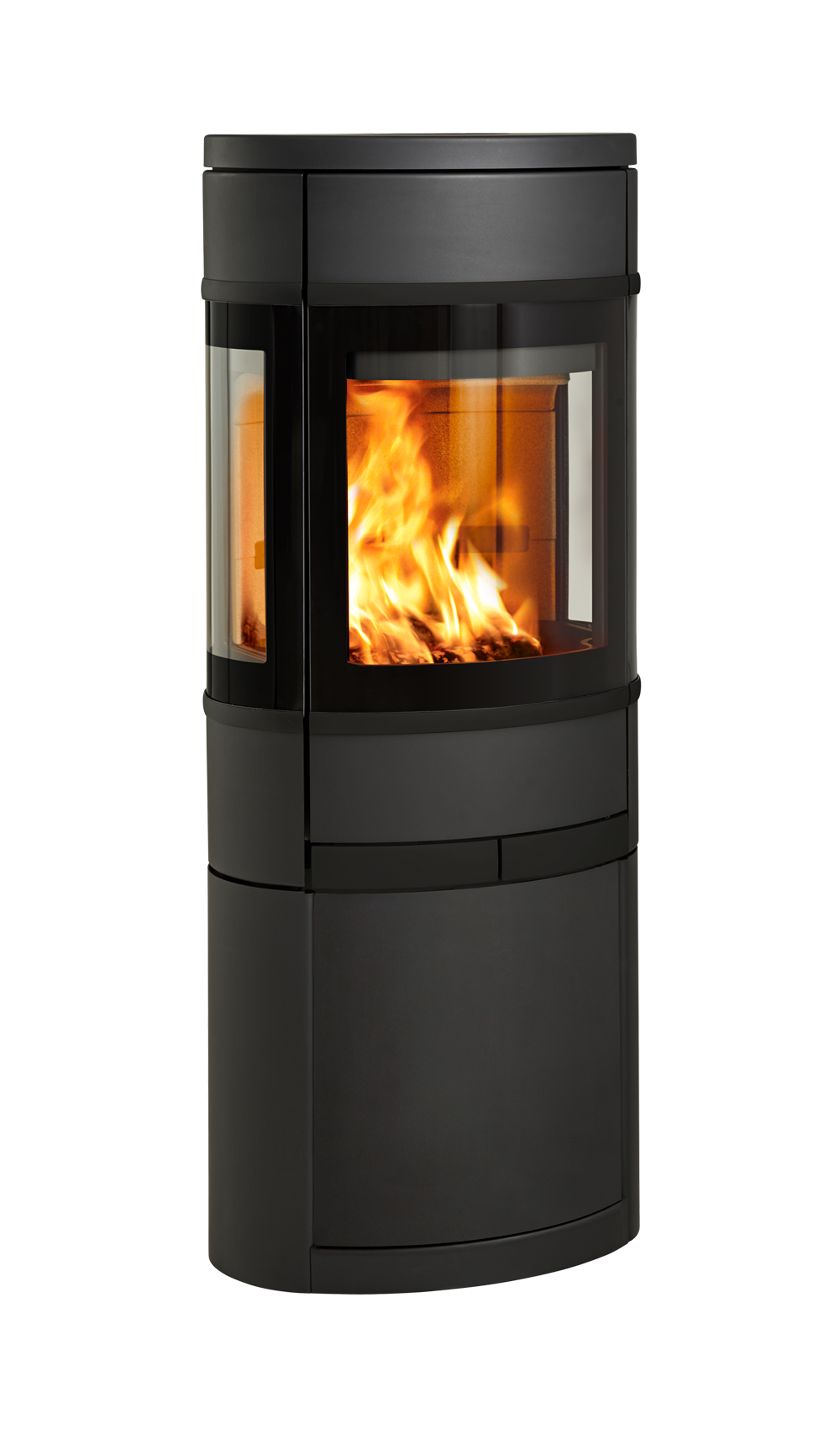 Mellomstor sort vedovn Scan 68-11 med lukket sokkel og glass på tre sider, eksklusive sorte dekordetaljer og åpen sokkel med plass til ved