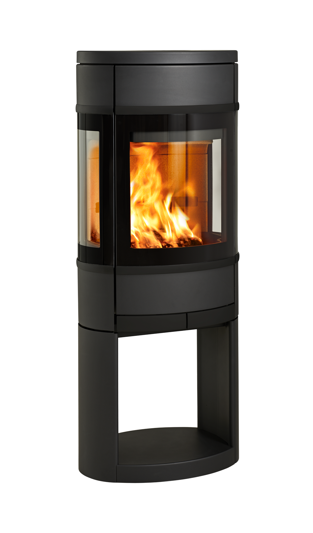 Mellomstor vedovn Scan 68-11 Open Base med glass på tre sider, eksklusive sorte dekordetaljer og åpen sokkel med plass til ved