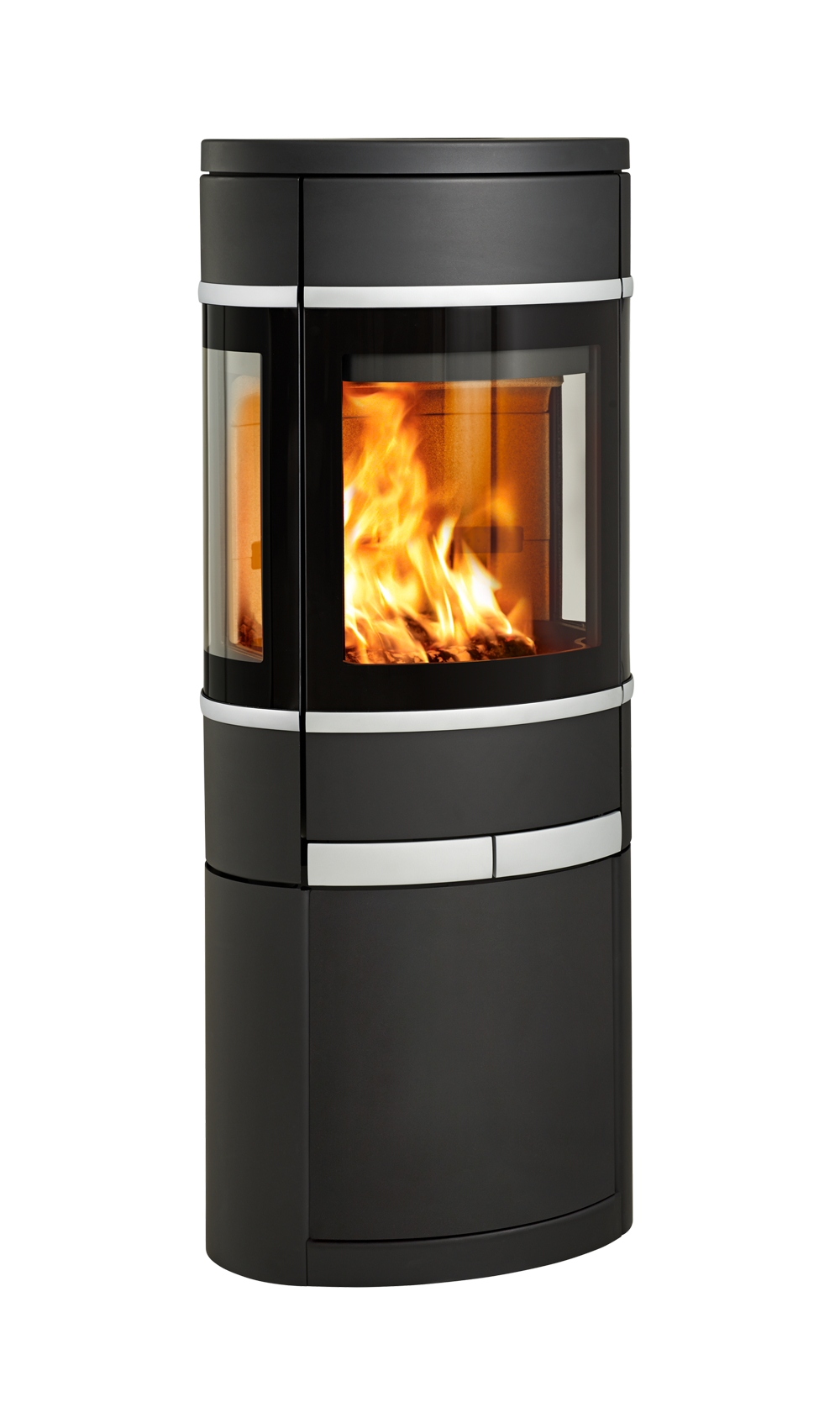 Mellomstor vedovn Scan 66-12 med glass på flere sider og aluminiumsdekor