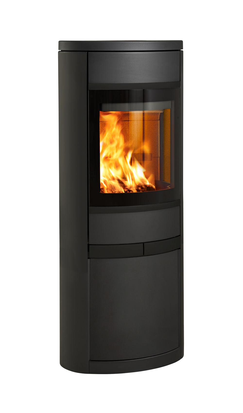 Mellomstor peisovn Scan 68-13 med stor glassdør og eksklusive sorte glassdetaljer