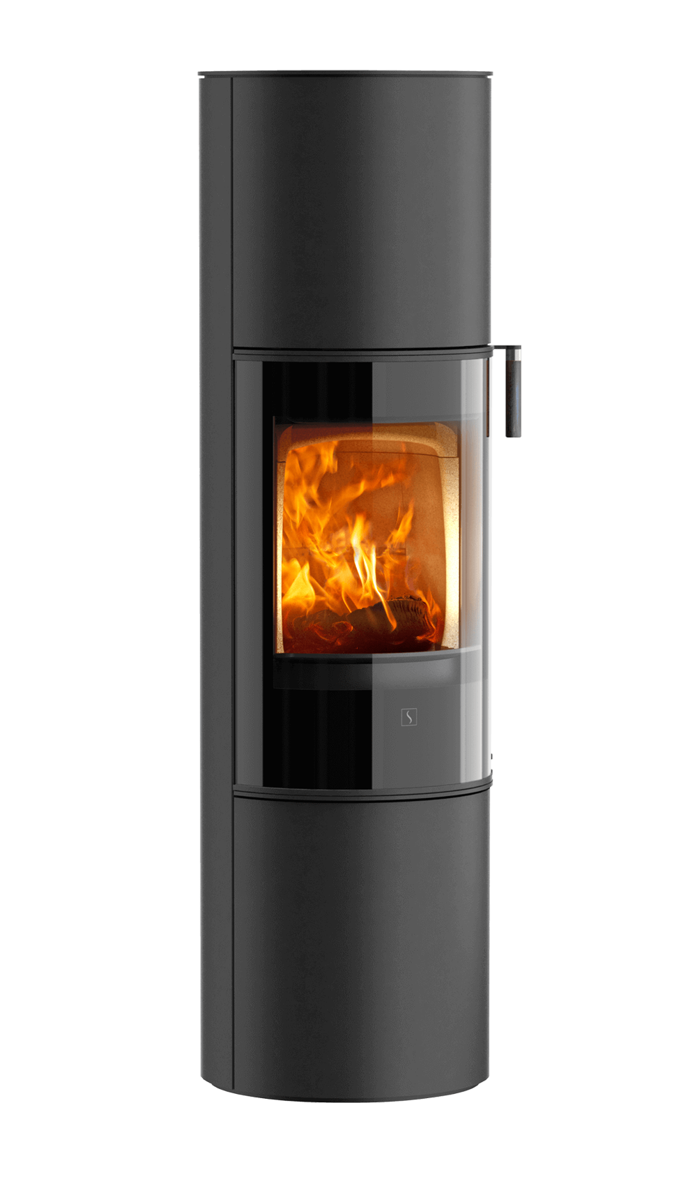 Rund vedovn Scan 84 Modern Maxi med sort glassdør og håndtak i sort eik på høyre side