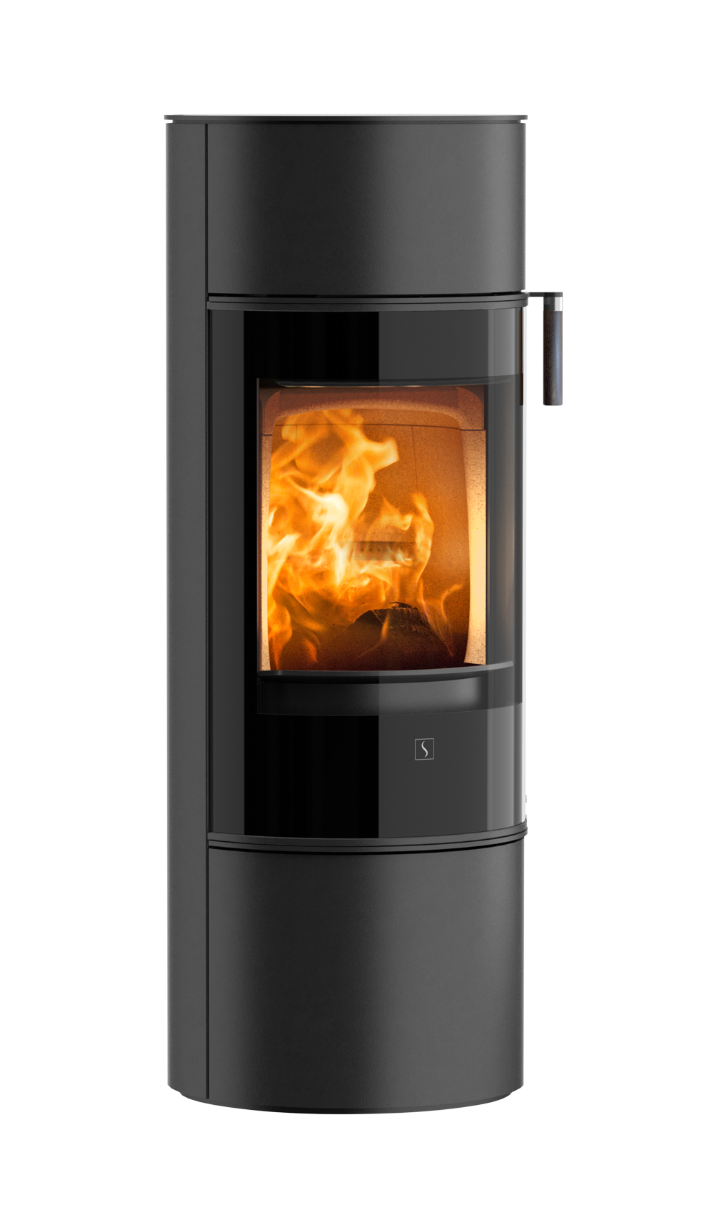 Rund vedovn Scan 84 Modern med sort glassdør og håndtak i sort eik på høyre side