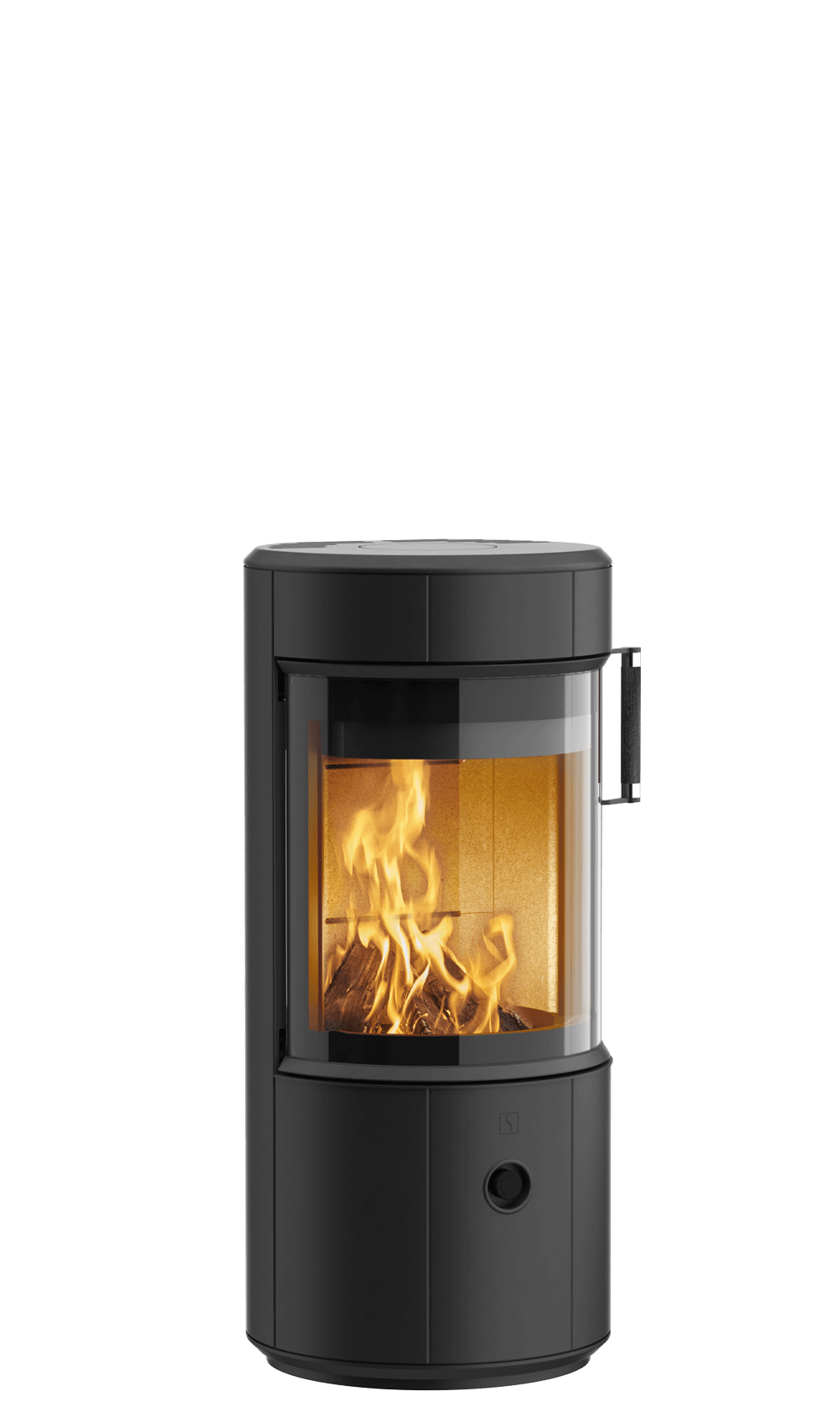 Liten rund Vedovn Scan 67-1000 sort med sort eikehåndtak oppe på høyre side