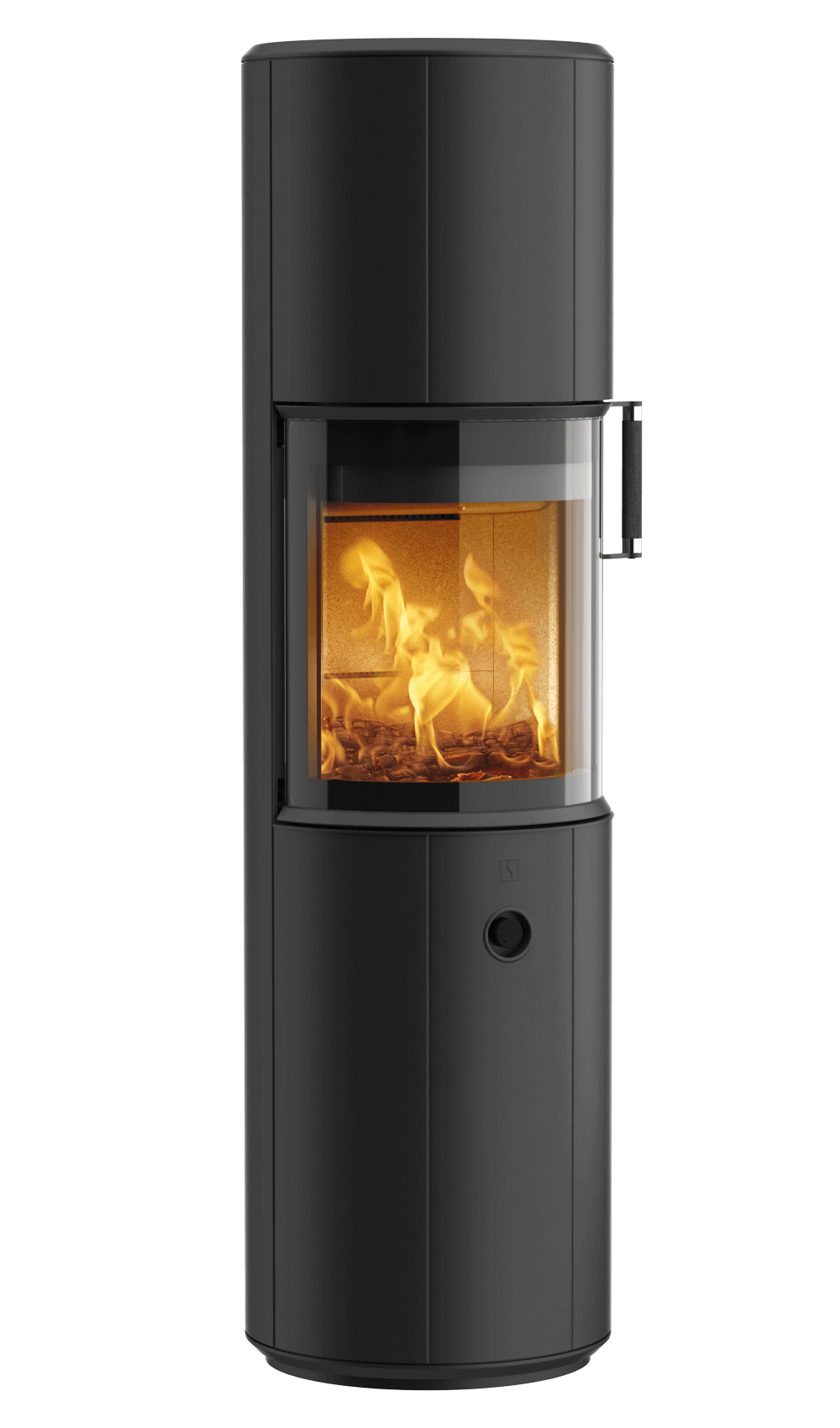 Høy sort vedovn Scan 67-1600 med sort håndtak på høyre side