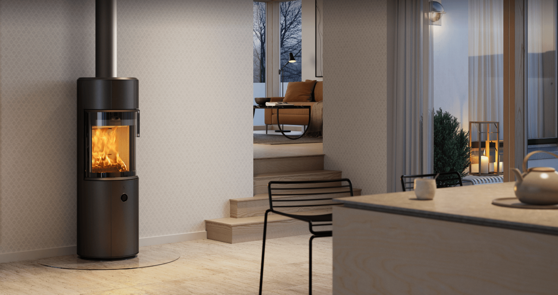 Sort rund vedovn Scan 67-1300 i lyst skandinavisk kjøkken interiør