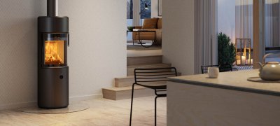 Rund vedovn Scan 67-1000 vedovn i lyst skandinavisk kjøkken interiør