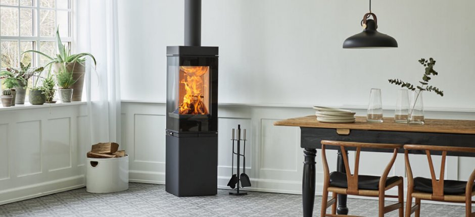 Scan 80 black square clean-burning wood stove in modern bright interior
