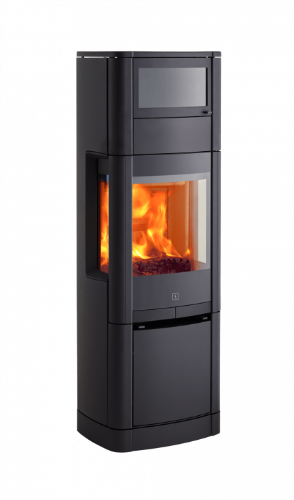 Høy peisovn Scan 65-6 svart med stramt design frontglass og sideglass og bakerom på toppen