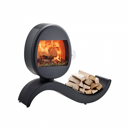Liten vedovn Scan 66-5 eggeformet på buet base med vedoppbevaring svart farge