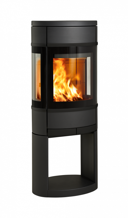 Mellomstor vedovn Scan 68-11 Open Base med glass på tre sider, eksklusive sorte dekordetaljer og åpen sokkel med plass til ved