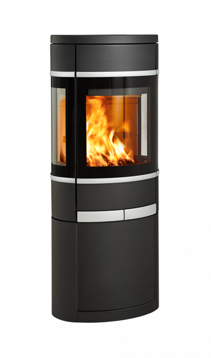 Mellomstor vedovn Scan 66-12 med glass på flere sider og aluminiumsdekor