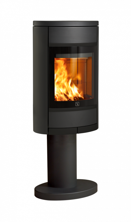 Svart vedovn Scan 68-3 på søyle med stor glassdør, eksklusive sorte glassdetaljer og oval form