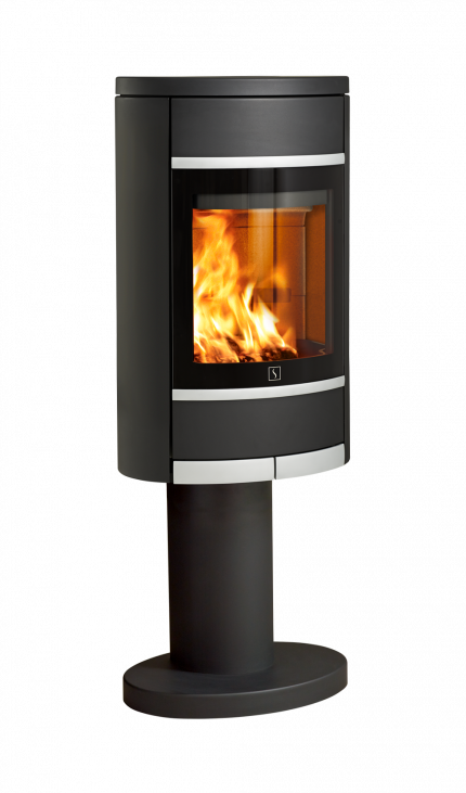 Svart vedovn Scan 68-4 på søyle med stor glassdør, aluminiumsdekor og oval form