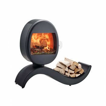 Liten vedovn Scan 66-5 eggeformet på buet base med vedoppbevaring svart farge