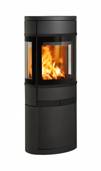 Mellomstor sort vedovn Scan 68-11 med lukket sokkel og glass på tre sider, eksklusive sorte dekordetaljer og åpen sokkel med plass til ved