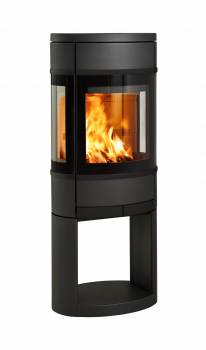 Mellomstor vedovn Scan 68-11 Open Base med glass på tre sider, eksklusive sorte dekordetaljer og åpen sokkel med plass til ved