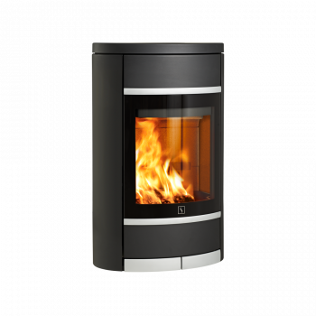 Vegghengt vedovn Scan 68-2 sort med stor glassdør og aluminiumsdetaljer