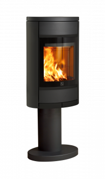 Svart vedovn Scan 68-3 på søyle med stor glassdør, eksklusive sorte glassdetaljer og oval form