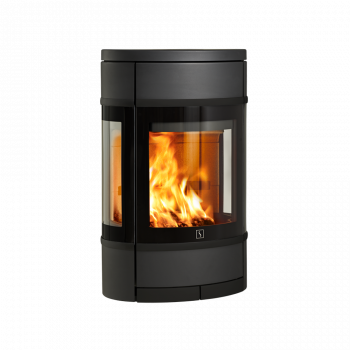 Vegghengt vedovn Scan 68-7 sort med store glass på flere sider og eksklusive sorte glassdetaljer