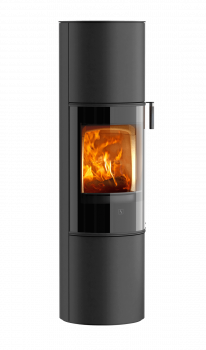 Rund vedovn Scan 84 Modern Maxi med sort glassdør og håndtak i sort eik på høyre side