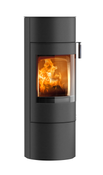 Rund vedovn Scan 84 Classic sort med håndtak i sort eik på høyre side