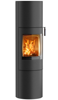 Høy peisovn Rund vedovn Scan 84 Classic Maxi med håndtak i sort eik på høyre side