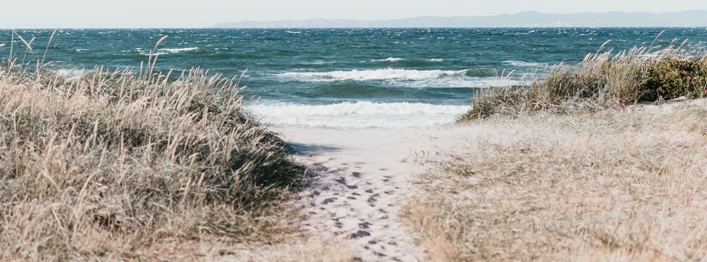 Dansk strand med en sti ut mot blått hav