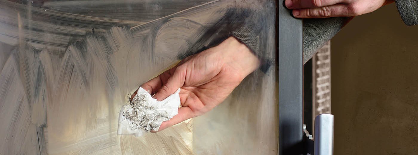 Hender som vasker peisglass med papir i en brun stue