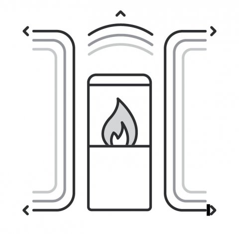Illustrasjon i sort hvitt av vedovn med konveksjonsvarme