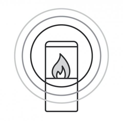 Illustrasjon i sort hvitt av vedovn med strålevarme