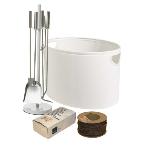 Collage av vedkurv peissett, opptenningsbriketter