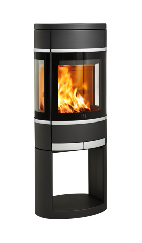 Sort oval vedovn med sideglass og åpen base, aluminiumshåndtak og pyntelister for ved Scan 68-12